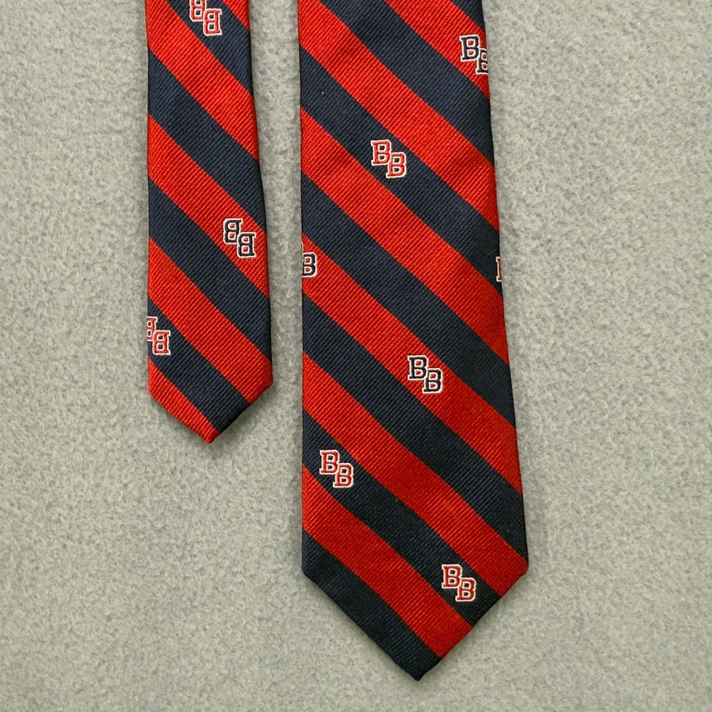 Brooks Brothers Fleece Boys Silk Necktie Red Navy Blue Striped BB Logo Crest